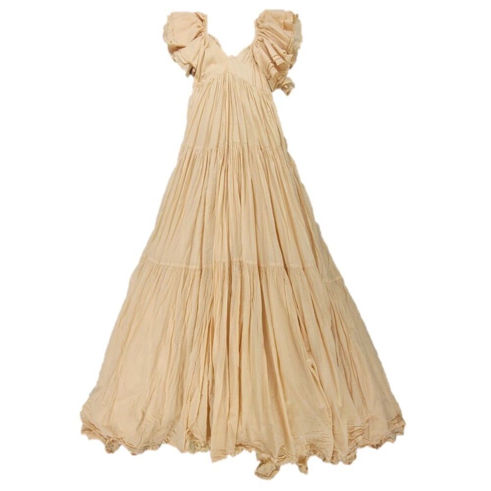 ERIKA PENA Vale Ruffled Maxi Dress with Sleeves Romantic Tiered Boho Sand Beige